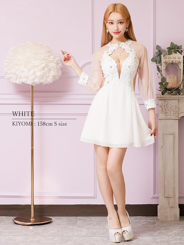 画像4: XSサイズあり【ANGEL R/エンジェルアール】フラワーレース/ ビジュー/ シフォン/ ロングスリーブ/ フレア/ミニドレス/ キャバドレス[OF2] (4)