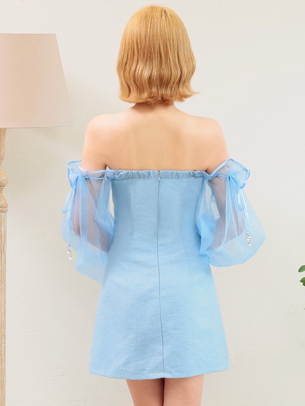 画像9: XSサイズあり【ANGEL R/エンジェルアール】オフショルダー/ Vカットビジュー/ シフォンロングスリーブ/ フレア/ マイクロミニ/ ミニドレス/ キャバドレス[OF2] (9)