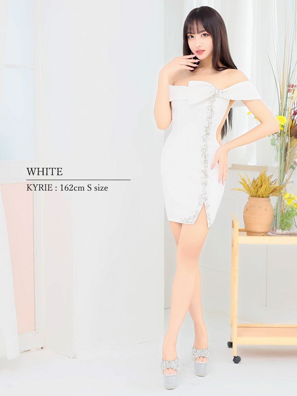 画像6: XSサイズあり【ANGEL R/エンジェルアール】リボンモチーフ/ オフショルダー/ ハートビジューデザイン/ タイト/ ミニドレス/ キャバドレス[OF2] (6)