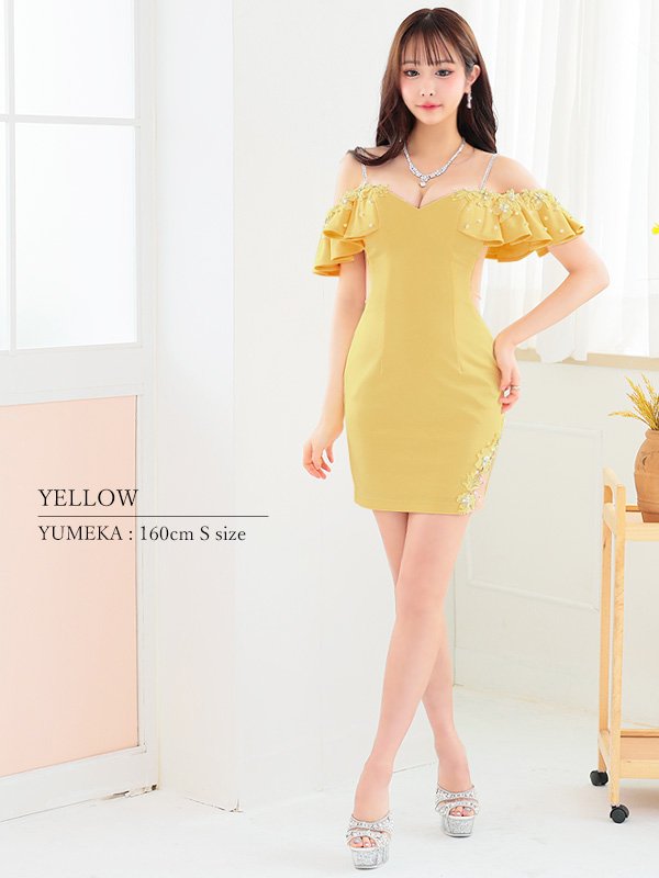 画像6: XSサイズあり【ANGEL R/エンジェルアール】フリルショルダー/ フラワーレース/ オフショル/ ビジュー/ ワンカラー/ タイト/ ミニドレス/ キャバドレス[OF2] (6)