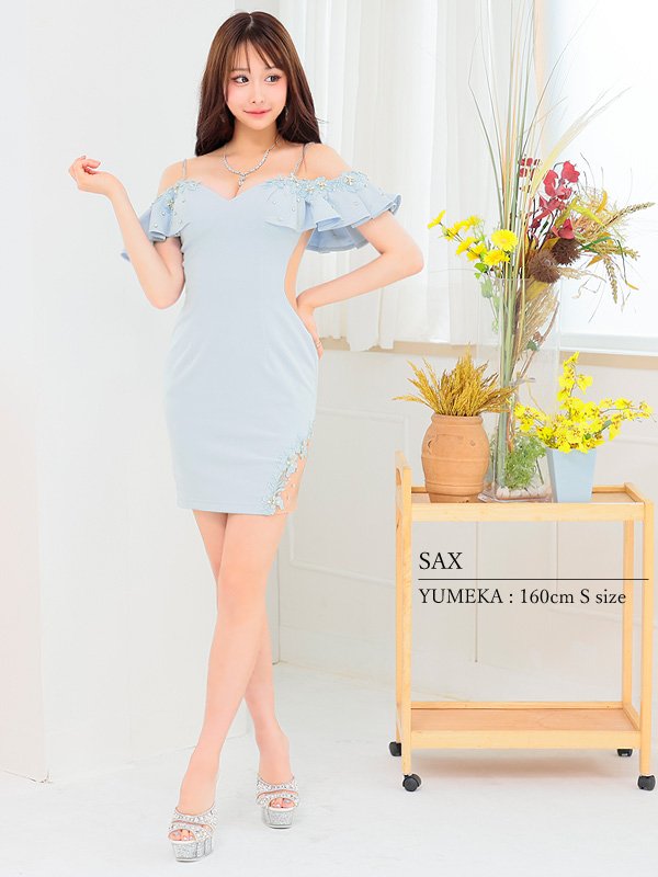 画像7: XSサイズあり【ANGEL R/エンジェルアール】フリルショルダー/ フラワーレース/ オフショル/ ビジュー/ ワンカラー/ タイト/ ミニドレス/ キャバドレス[OF2] (7)