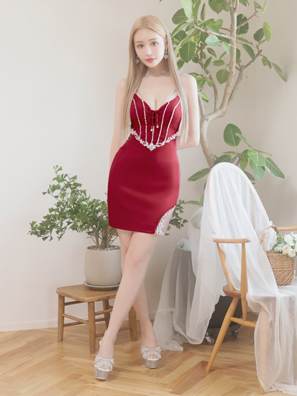 画像22: XSサイズあり【ANGEL R/エンジェルアール】バストレースアップ/ Vウエスト/ ビジュー/ ワンカラー/ シアー/ タイト/ ミニドレス/ キャバドレス[OF2] (22)