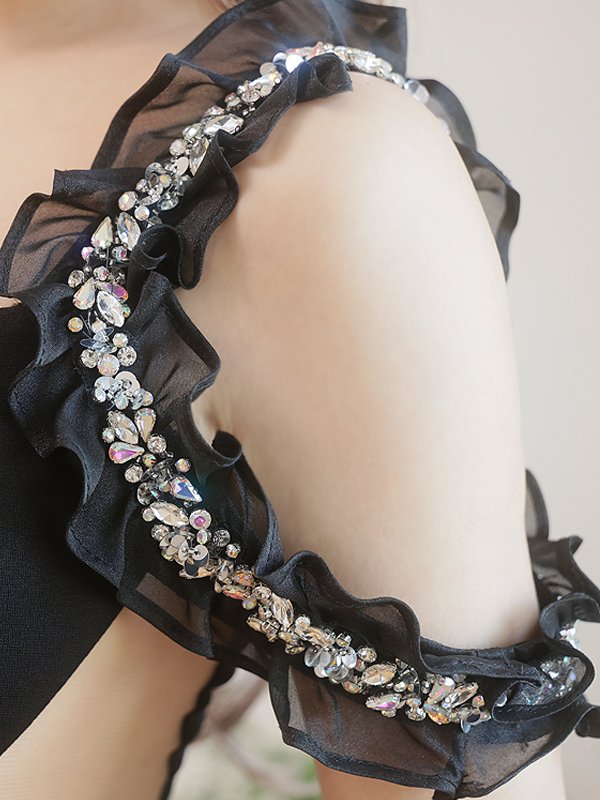 画像6: XSサイズあり【ANGEL R/エンジェルアール】フリルショルダー/ Vカット/ ラインビジュー/ ワンカラー/ オフショルダー/ タイト/ ミニドレス/ キャバドレス[OF2] (6)