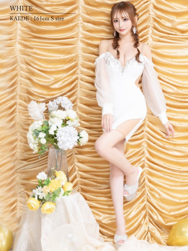 画像3: XSサイズあり【ANGEL R/エンジェルアール】シフォンロングスリーブ/ フラワーレース/ ビジュー/ タイト/ ミニドレス/ キャバドレス[OF2] (3)