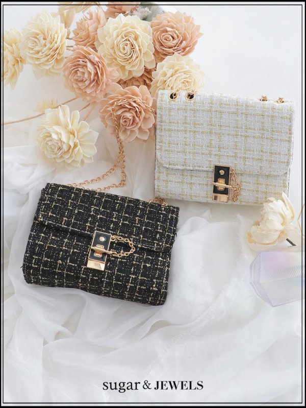 画像1: 【バッグ】2wayゴールドチェーンツイードバッグ【2カラー】[OF03] (1)