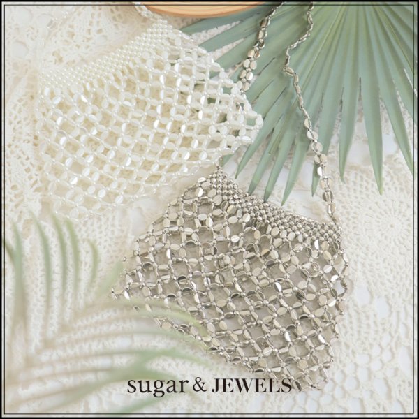 画像1: 【バッグ】巾着付き格子柄ビーズハンドバッグ【2カラー】[YMT] (1)