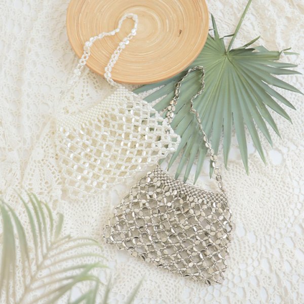 画像6: 【バッグ】巾着付き格子柄ビーズハンドバッグ【2カラー】[YMT] (6)