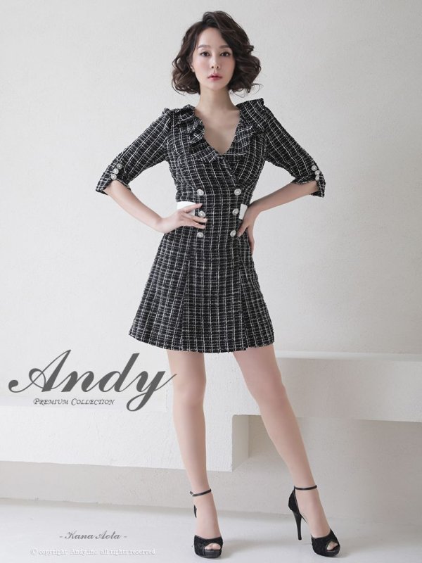 画像2: 【Andy ANDY Fashion Press 14 COLLECTION 06】チェックツイード/ 五分袖/ 袖あり/ フリル/ バックリボン/ パールボタン/ ワンピース/ Aライン/ ミニドレス/ キャバドレス[OF05] (2)