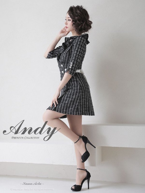 画像3: 【Andy ANDY Fashion Press 14 COLLECTION 06】チェックツイード/ 五分袖/ 袖あり/ フリル/ バックリボン/ パールボタン/ ワンピース/ Aライン/ ミニドレス/ キャバドレス[OF05] (3)