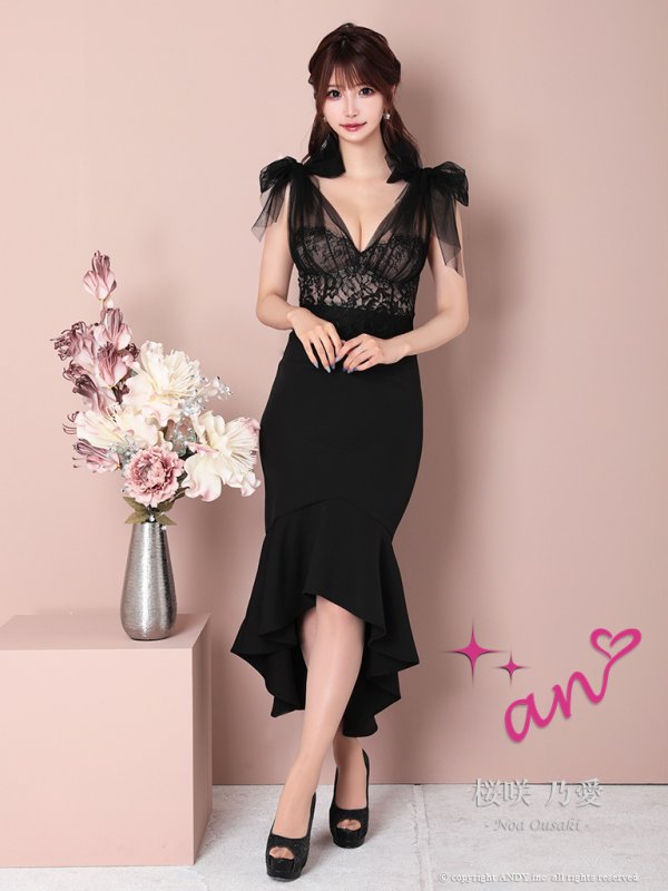 REBECCAVALLANCEAnnabelleリボンディテールクレープミディドレス an /アン】マーメイド/ チュール/ シフォン/ ショルダーリボン