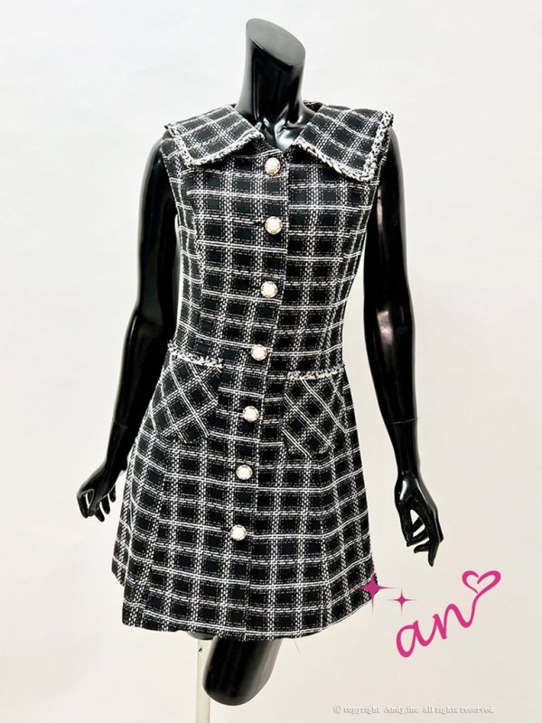 【an/アン】 ツイード / ノースリーブ/ 襟付き/ Aライン/ 台形スカート/ ミニドレス/ キャバドレス[OF05]　ブラック