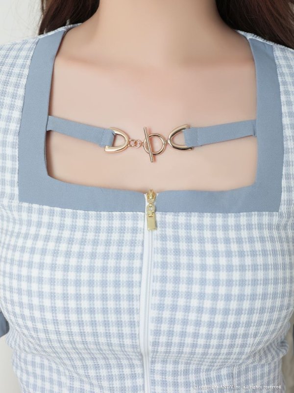 画像16: 【an /アン】ギンガムチェック/ フロントジップ/ スクエアネック/ 袖あり/ ショートスリーブ/ セットアップ/ タイト/ ミニドレス/ キャバドレス[OF05] (16)