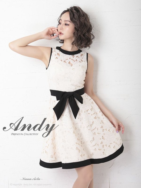 【Andy ANDY Fashion Press 11 COLLECTION 04】フラワーレース/ ウエストリボン/ ノースリーブ/ ラインデザイン/ フレア/ ミニドレス/ キャバドレス[OF05]　クリームベージュブラック