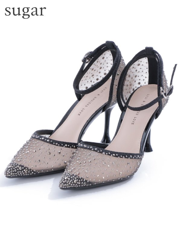 【COMEX】 2color/ 8cmヒール/ ラメ/ ラインストーン/ ピンヒール/ ポインテッドトゥ/ ハイヒール/ ストラップ付き/ パンプス[OF02]　ブラック