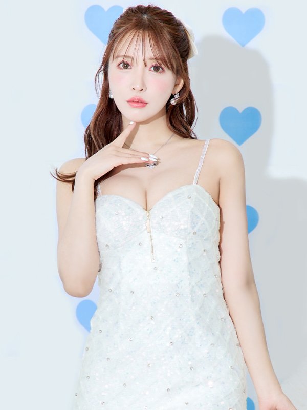 画像4: XSサイズあり【ROBE de FLEURS/ローブドフルール】 スパンコール/ ダイヤチュール/ キャミソール/ フロントジップ/ フレア/ ミニドレス/ キャバドレス[OF08] (4)