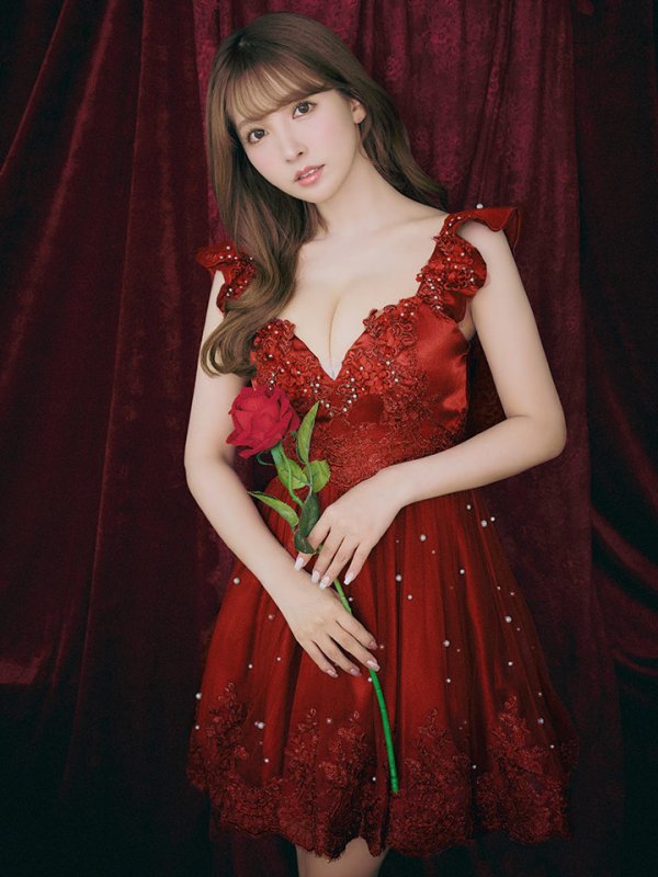 画像2: 【ROBE de FLEURS/ローブドフルール】立体フラワー/ パールチュール/ フレア/ ミニドレス/ キャバドレス[OF08] (2)