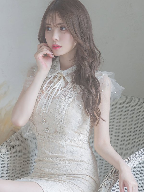 画像6: XSサイズあり【ROBE de FLEURS/ローブドフルール】ビジュー襟/ フラワーレース/ タイト/ ミニドレス/ キャバドレス[OF2] (6)