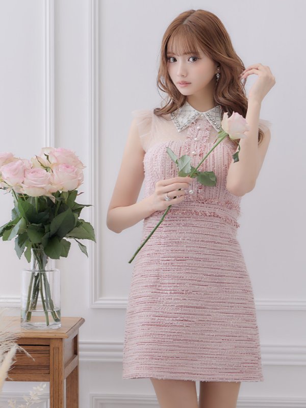 画像3: XSサイズあり【ROBE de FLEURS/ローブドフルール】ラメツイード/ ビジュー/ 襟つき/ 台形スカート/ ミニドレス/ キャバドレス[OF2] (3)