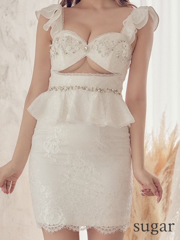 画像9: Lサイズあり【ROBE de FLEURS/ローブドフルール】立体フラワー/ シアー/ レース/ ペプラム/ タイト/ ミニドレス/ キャバドレス[OF08] (9)