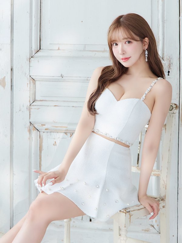 画像5: XSサイズあり【ROBE de FLEURS/ローブドフルール】スプリングツイード/ ビジュー/ パール/ セットアップ/ フレア/ ミニドレス/ キャバドレス[OF08] (5)