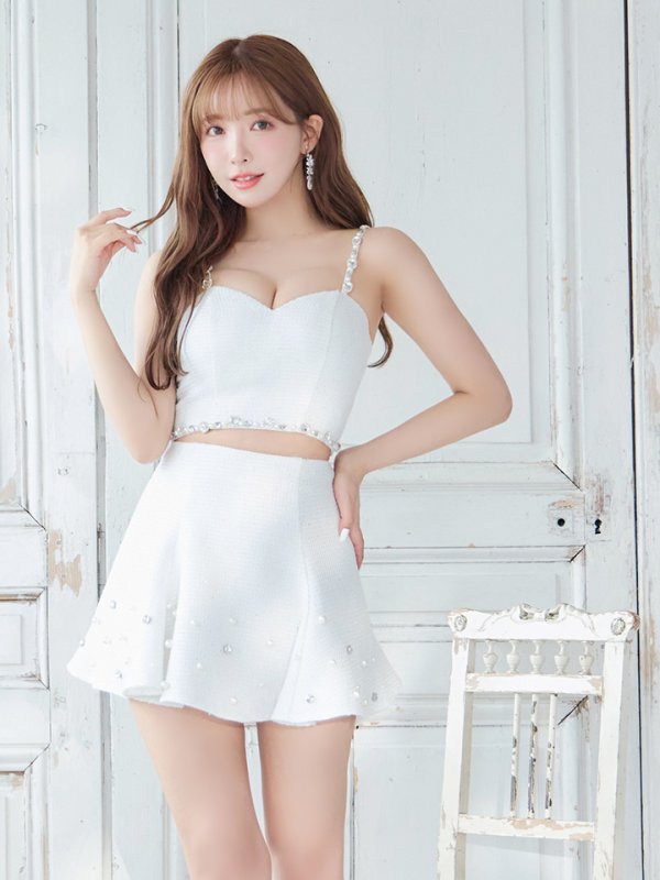 画像6: XSサイズあり【ROBE de FLEURS/ローブドフルール】スプリングツイード/ ビジュー/ パール/ セットアップ/ フレア/ ミニドレス/ キャバドレス[OF08] (6)