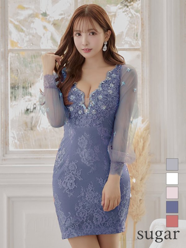 XSサイズあり【ROBE de FLEURS/ローブドフルール】長袖/ 袖あり/ チュールスリーブ/ スカラップカット/ ミニドレス/ キャバドレス　ベイクドブルー