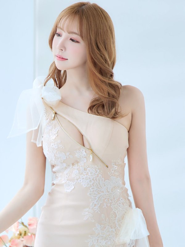 画像3: XSサイズあり【ROBE de FLEURS/ローブドフルール】ジップ / ZIP/ シフォンリボン/ ワンショル/ サイドシアー/ タイト/ レースクリスタルドレス/ ミニドレス/ キャバドレス[OF08] (3)