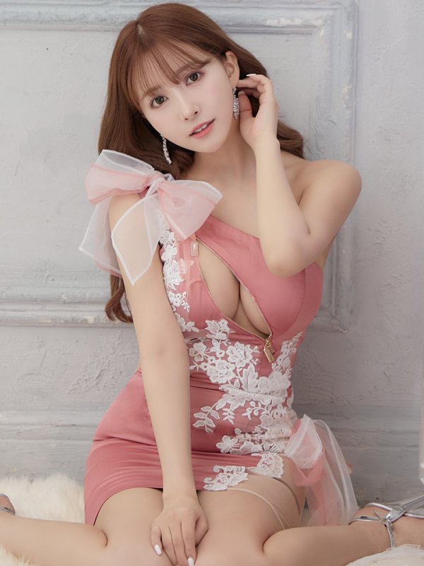 画像17: XSサイズあり【ROBE de FLEURS/ローブドフルール】ジップ / ZIP/ シフォンリボン/ ワンショル/ サイドシアー/ タイト/ レースクリスタルドレス/ ミニドレス/ キャバドレス[OF08] (17)