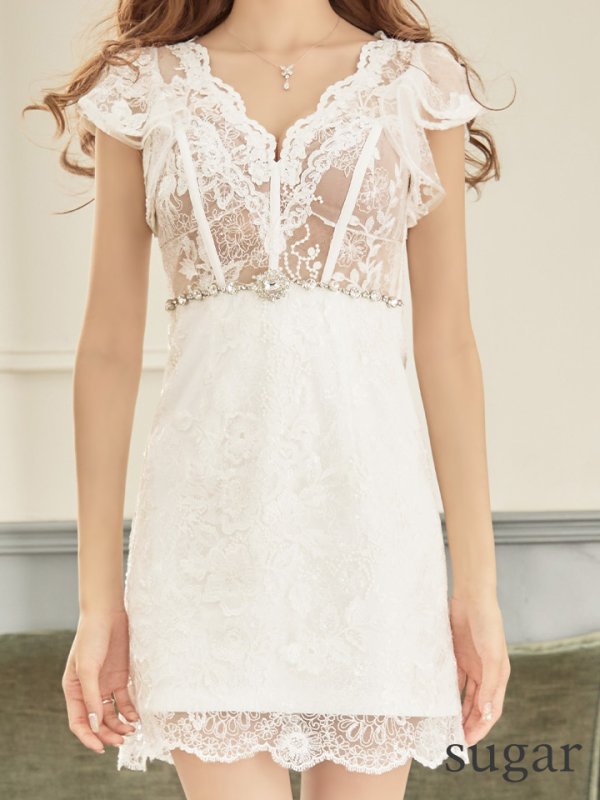 画像10: XS〜Lサイズあり【ROBE de FLEURS/ローブドフルール】ウエストビジュー/ シースルーレース/ フリルスリーブ/ 台形スカート/ ミニドレス/ キャバドレス[OF08] (10)