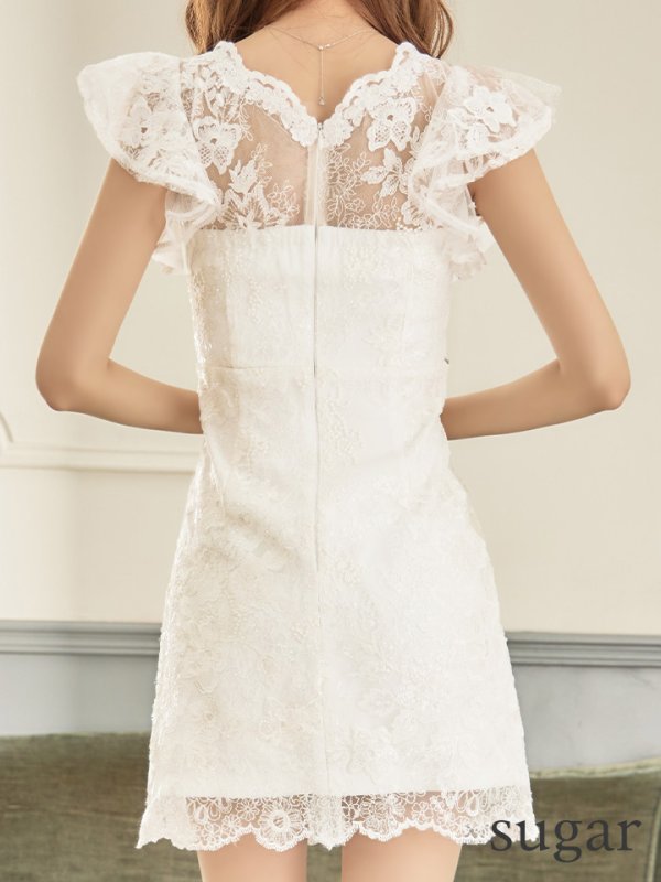 画像11: XS〜Lサイズあり【ROBE de FLEURS/ローブドフルール】ウエストビジュー/ シースルーレース/ フリルスリーブ/ 台形スカート/ ミニドレス/ キャバドレス[OF08] (11)