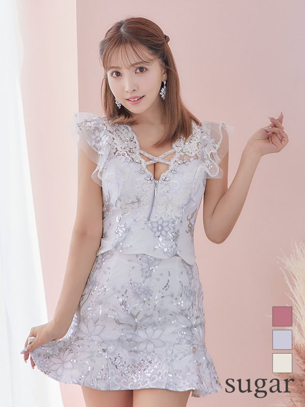 画像1: XS〜Lサイズあり【ROBE de FLEURS/ローブドフルール】セットアップ/ スカートパンツ/ フロントクロス/ フリル/ ミニドレス/ キャバドレス[OF2] (1)
