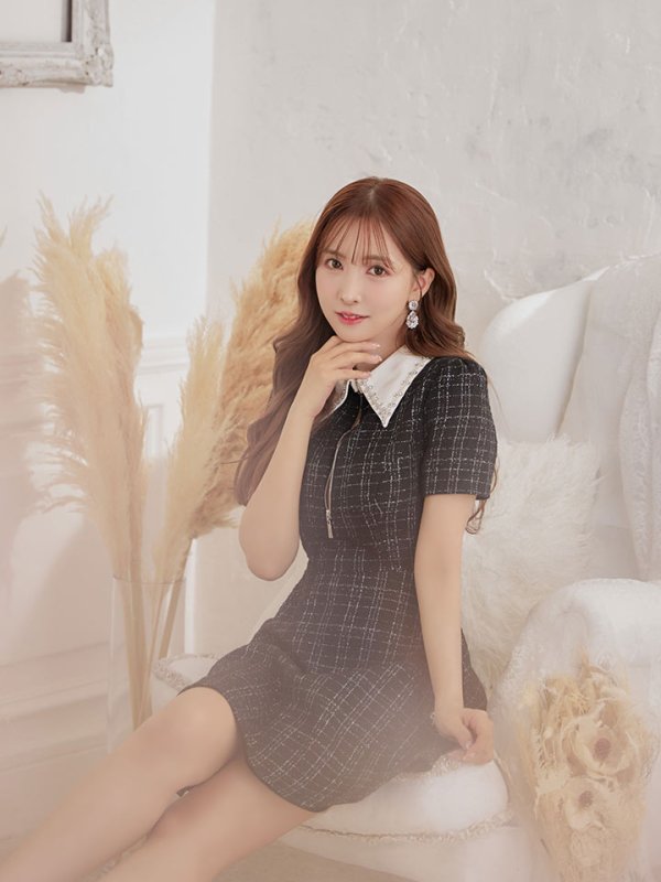 画像2: 【LIMITED SALE開催中！! 11月11日より順次発送予定】XSサイズあり【ROBE de FLEURS/ローブドフルール】ツイード/ 襟付きジップ/ フレア/ ミニドレス/ キャバドレス[OF08] (2)