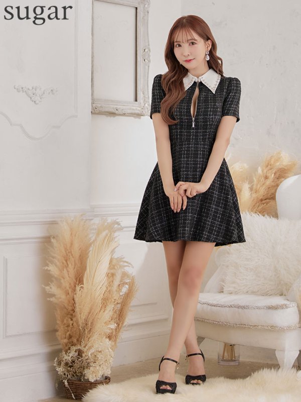 画像7: 【LIMITED SALE開催中！! 11月11日より順次発送予定】XSサイズあり【ROBE de FLEURS/ローブドフルール】ツイード/ 襟付きジップ/ フレア/ ミニドレス/ キャバドレス[OF08] (7)