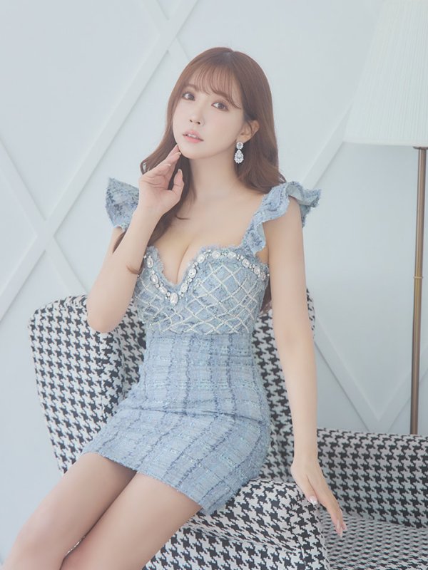 画像3: XSサイズあり【ROBE de FLEURS/ローブドフルール】ラメツイード/ 大粒ビジュー/ フリル/ タイト/ ミニドレス/ キャバドレス[OF08] (3)