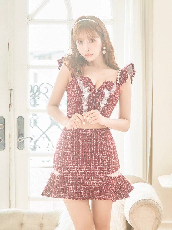 画像2: XSサイズあり【ROBE de FLEURS/ローブドフルール】スプリングツイード/ パール/ フリル/ セットアップ/ ミニドレス/ キャバドレス[OF08] (2)