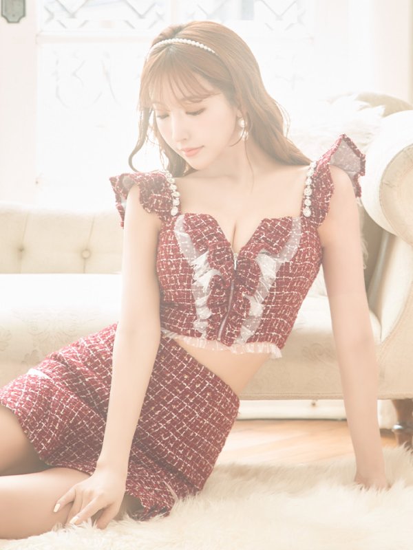 画像3: XSサイズあり【ROBE de FLEURS/ローブドフルール】スプリングツイード/ パール/ フリル/ セットアップ/ ミニドレス/ キャバドレス[OF08] (3)