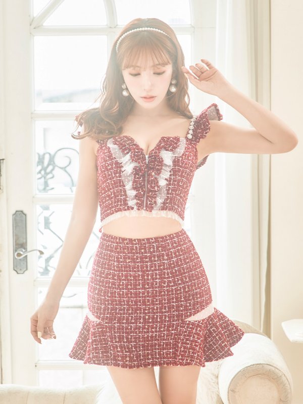 画像5: XSサイズあり【ROBE de FLEURS/ローブドフルール】スプリングツイード/ パール/ フリル/ セットアップ/ ミニドレス/ キャバドレス[OF08] (5)