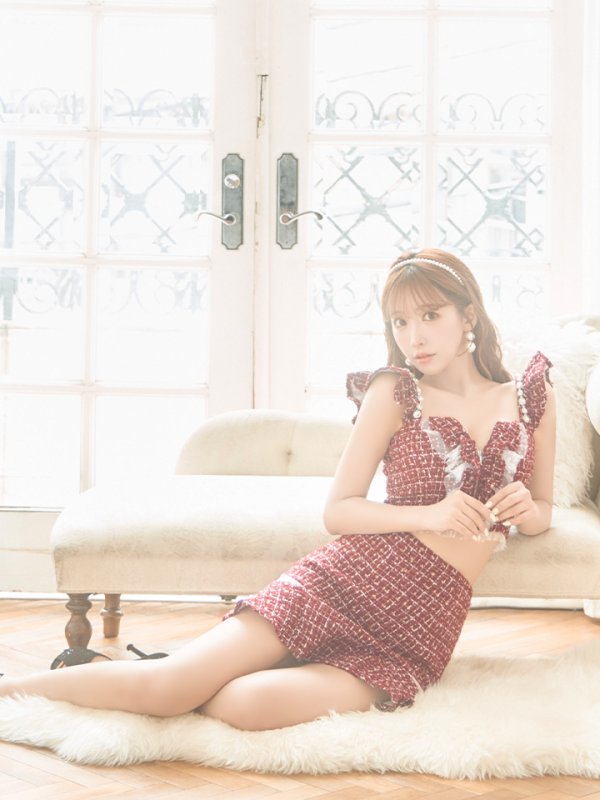 画像6: XSサイズあり【ROBE de FLEURS/ローブドフルール】スプリングツイード/ パール/ フリル/ セットアップ/ ミニドレス/ キャバドレス[OF08] (6)