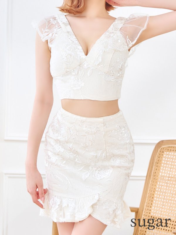 画像18: 訳あり商品※スカートに穴あき【ROBE de FLEURS/ローブドフルール】スパンコール/ フラワーレース/ セットアップ/ ノースリーブ/ ミニドレス/ キャバドレス[OF2] (18)