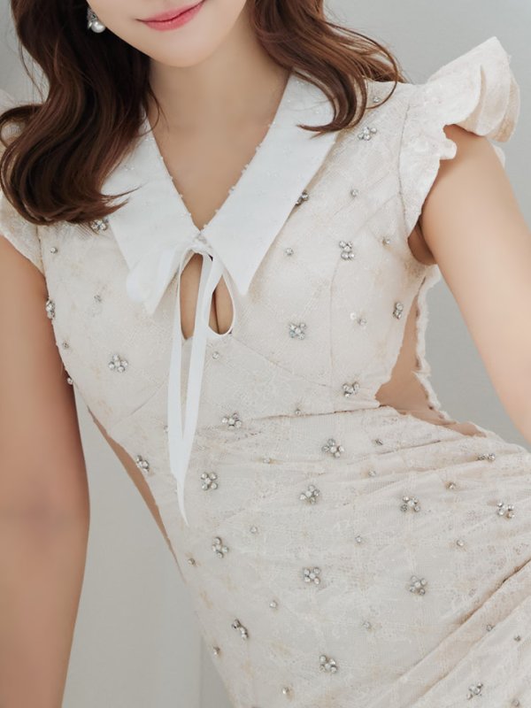 画像5: XSサイズあり【ROBE de FLEURS/ローブドフルール】リボン/ 襟付き/ フリル/ サイドシアー/ ビジュー/ タイト/ ミニドレス/ キャバドレス[OF08] (5)