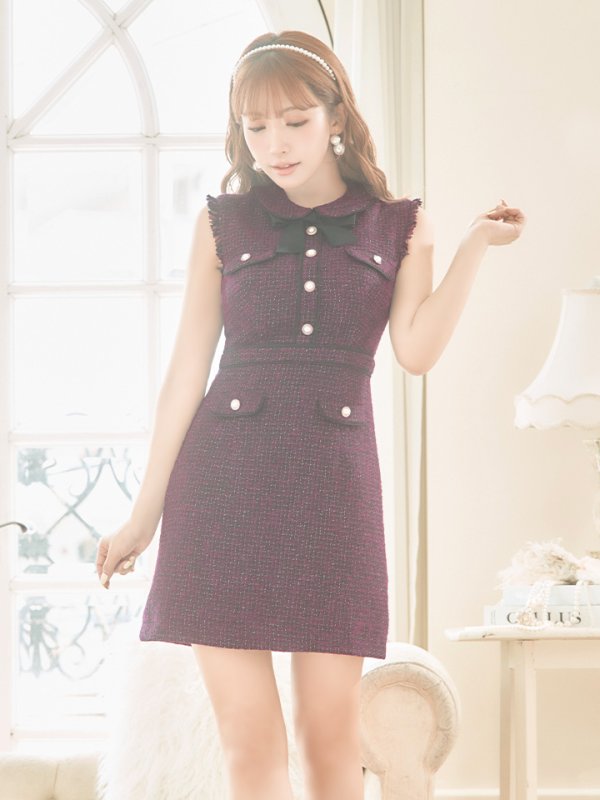 画像2: XS-Lサイズあり【ROBE de FLEURS/ローブドフルール】ツイード/ リボン/ 襟つき/ 台形スカート/ ミニドレス/ キャバドレス[OF08] (2)