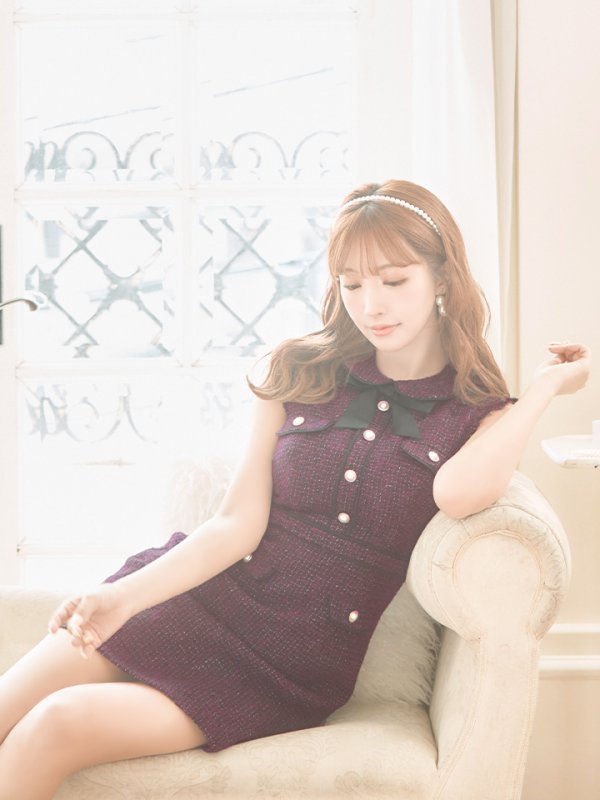 画像3: XS-Lサイズあり【ROBE de FLEURS/ローブドフルール】ツイード/ リボン/ 襟つき/ 台形スカート/ ミニドレス/ キャバドレス[OF08] (3)