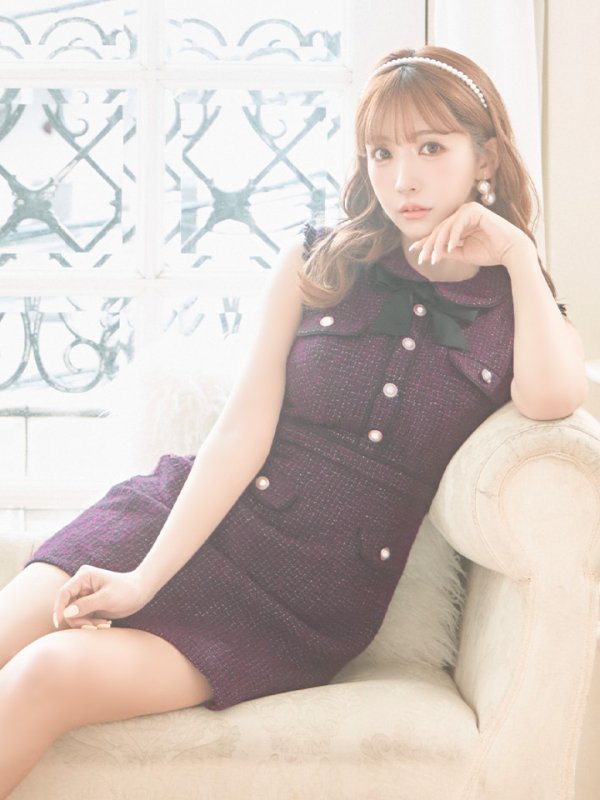 画像5: XS-Lサイズあり【ROBE de FLEURS/ローブドフルール】ツイード/ リボン/ 襟つき/ 台形スカート/ ミニドレス/ キャバドレス[OF08] (5)