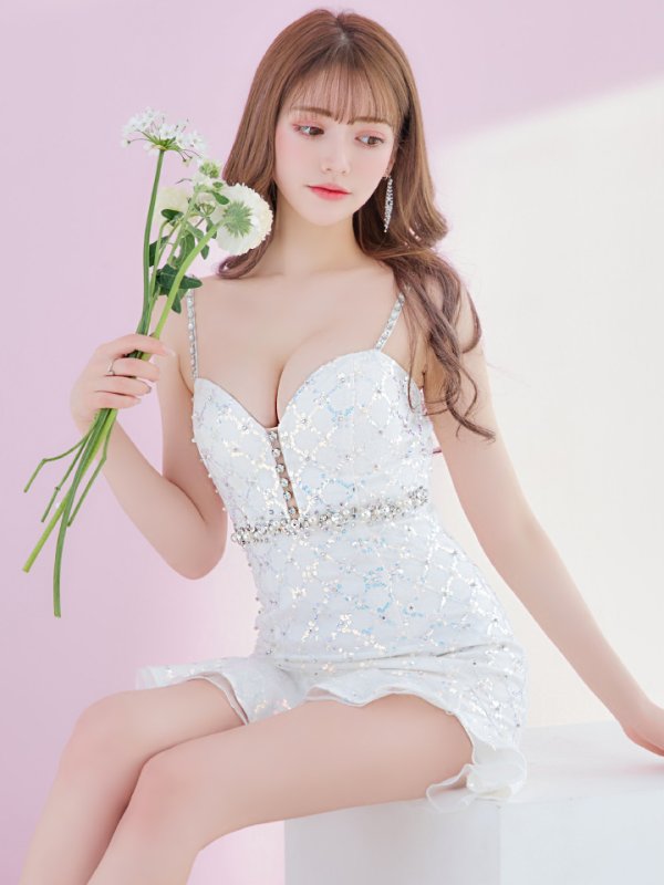 画像14: XSサイズあり【ROBE de FLEURS/ローブドフルール】スパンコール付きチュール/ アシンメトリー/ キャミソール/ フリル/ ミニドレス/ キャバドレス[OF08] (14)