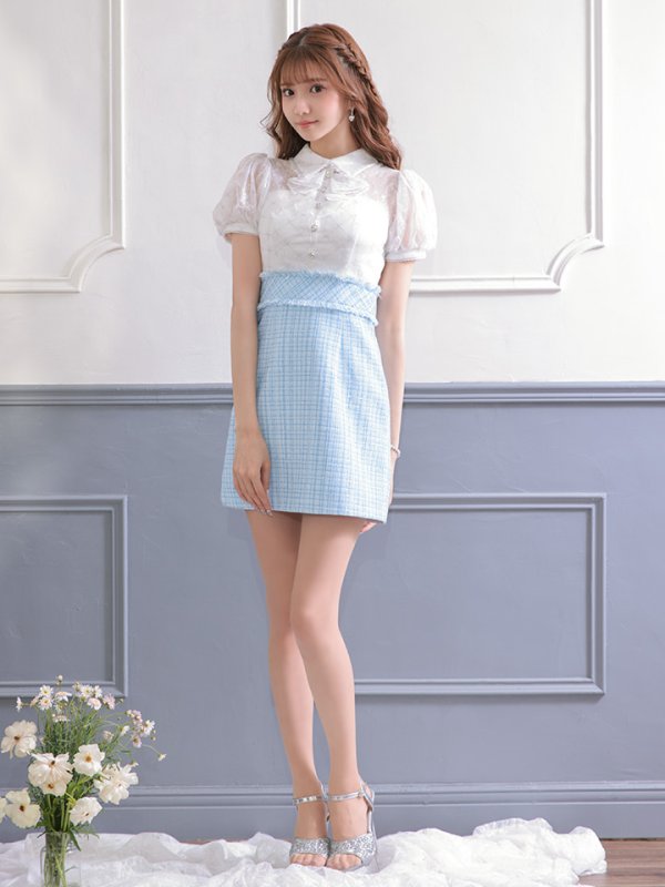 画像4: XSサイズあり【ROBE de FLEURS/ローブドフルール】パフスリーブ/ ラメツイード/ ビジュー/ 台形スカート/ ミニドレス/ キャバドレス[OF08] (4)