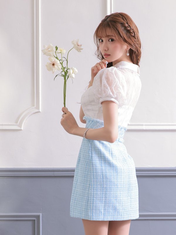 画像6: XSサイズあり【ROBE de FLEURS/ローブドフルール】パフスリーブ/ ラメツイード/ ビジュー/ 台形スカート/ ミニドレス/ キャバドレス[OF08] (6)