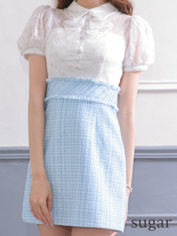 画像8: XSサイズあり【ROBE de FLEURS/ローブドフルール】パフスリーブ/ ラメツイード/ ビジュー/ 台形スカート/ ミニドレス/ キャバドレス[OF08] (8)