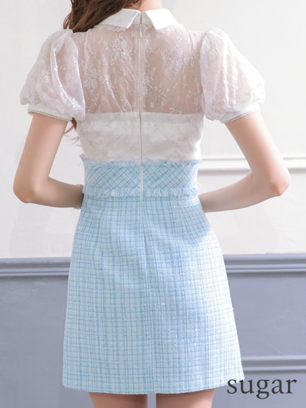 画像9: XSサイズあり【ROBE de FLEURS/ローブドフルール】パフスリーブ/ ラメツイード/ ビジュー/ 台形スカート/ ミニドレス/ キャバドレス[OF08] (9)