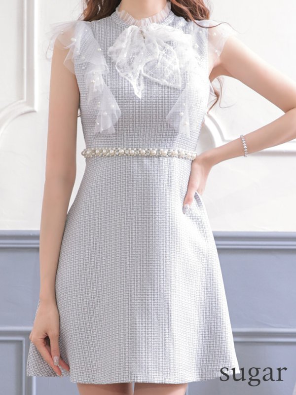 画像8: XS〜Lサイズあり【ROBE de FLEURS/ローブドフルール】レース/ ビジュー/ サマーツイード/ Aライン/ フレア/ ノースリーブ/ ミニドレス/ キャバドレス[OF08] (8)