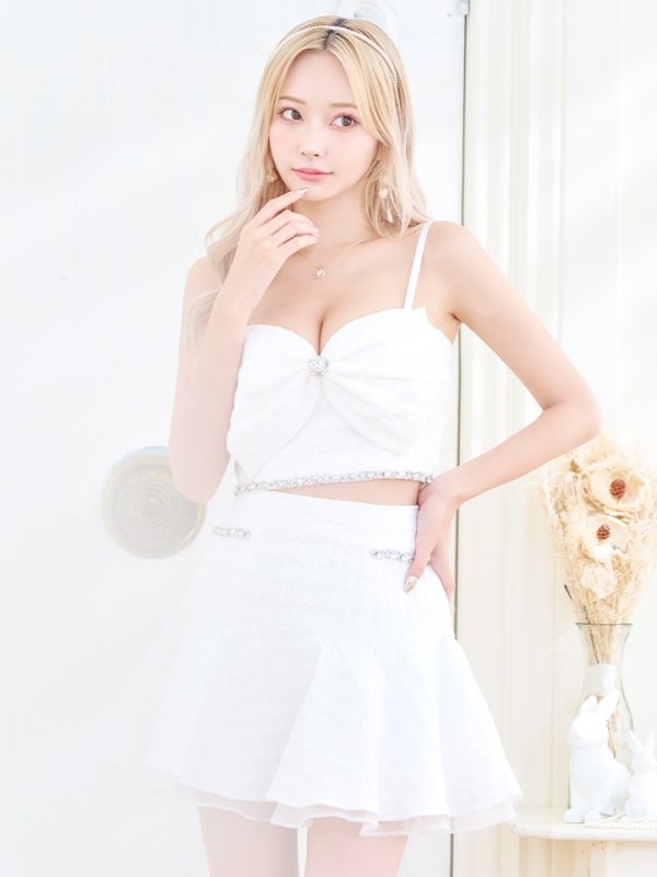 画像7: XSサイズあり【ROBE de FLEURS/ローブドフルール】フロントリボン/ セットアップ/ キャミソール/ ジャガード/ フレア/ ミニドレス/ キャバドレス[OF08] (7)